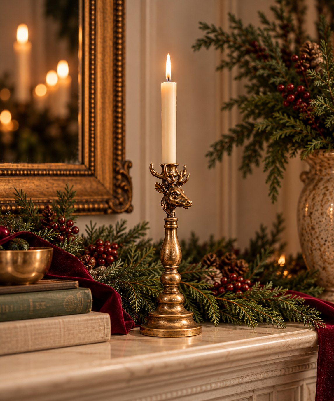 The Winter Stag | Antique Brass Taper Candle Holder