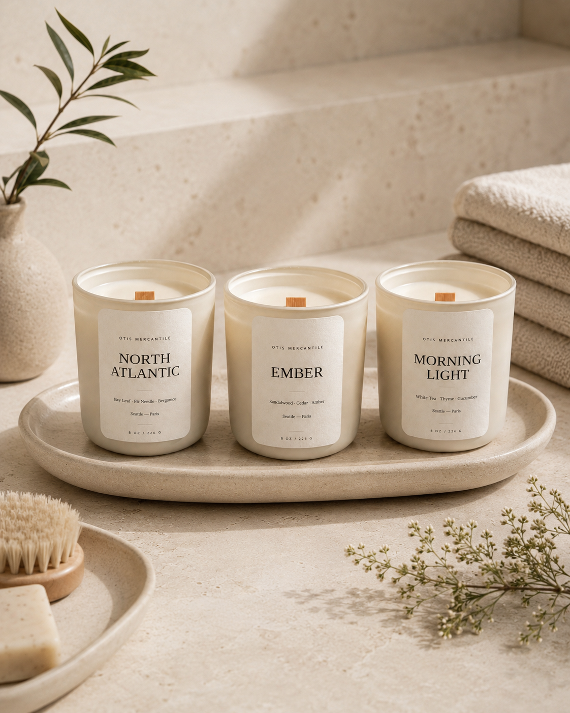 Three candles labeled 'North Atlantic', 'Ember', and 'Morning Light' on a tray with a neutral background.