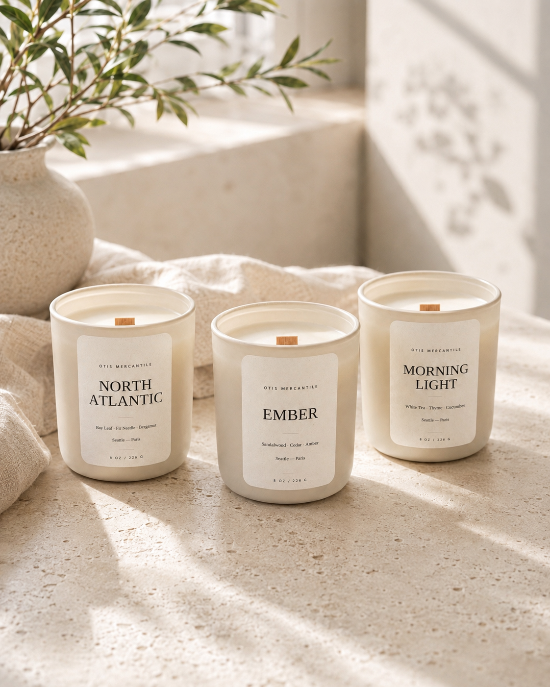 Three candles labeled 'North Atlantic', 'Ember', and 'Morning Light' on a textured surface with a plant in the background.