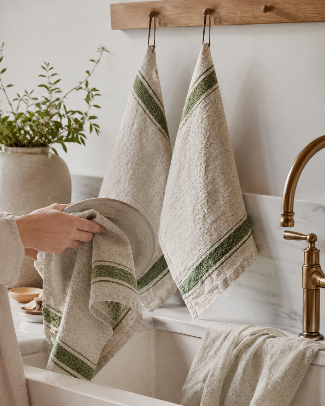 Linen Kitchen Towel, Green Stripe