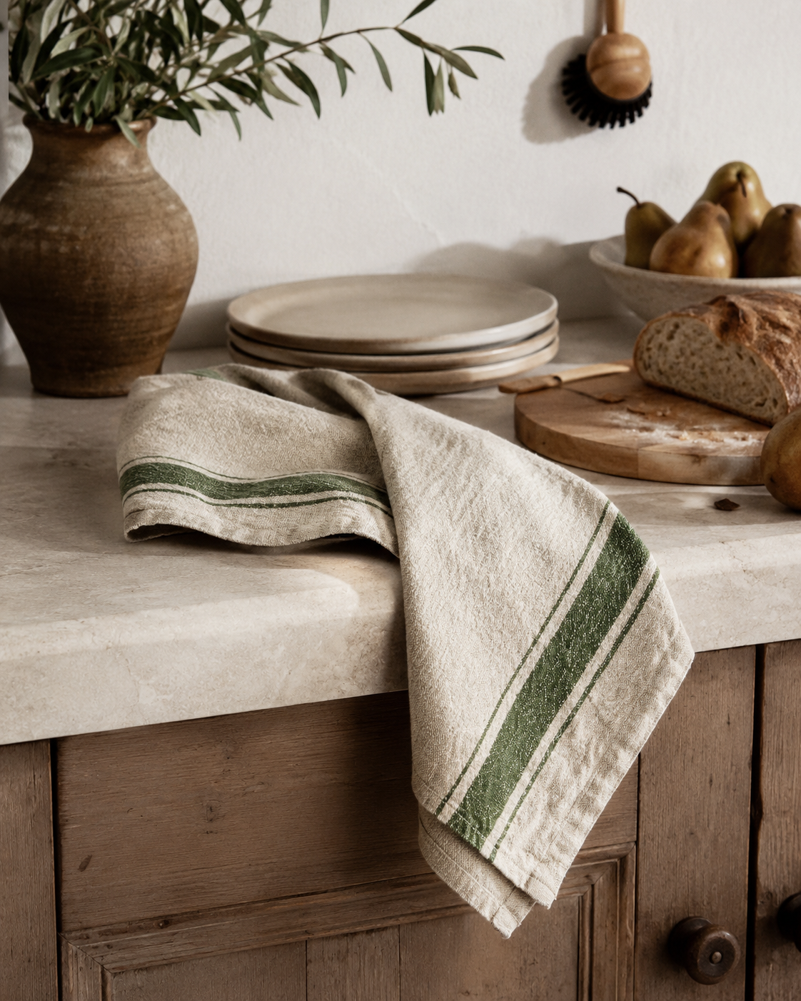 Linen Kitchen Towel, Green Stripe