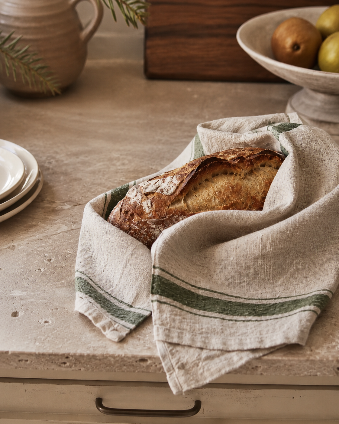 Linen Kitchen Towel, Green Stripe