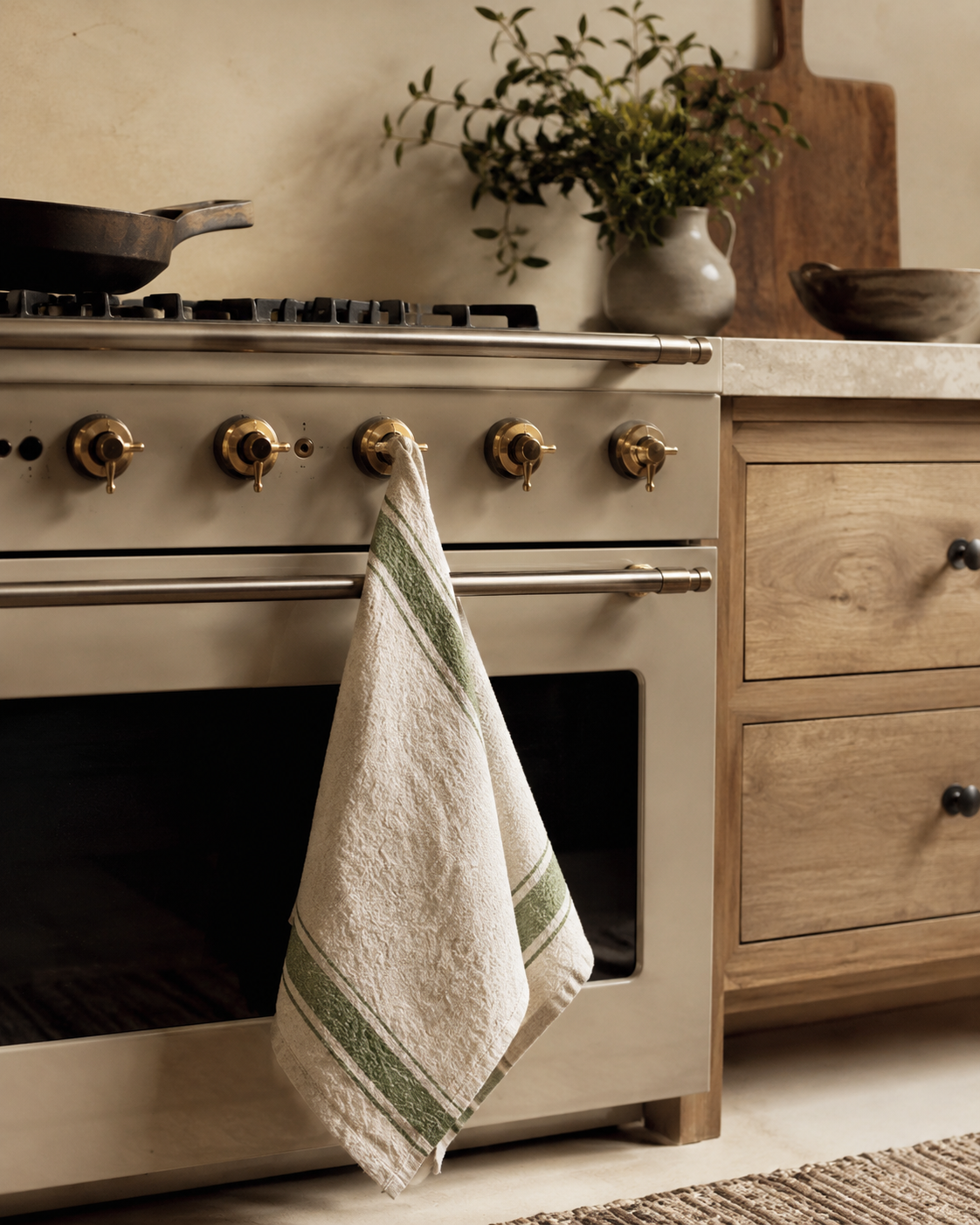 Linen Kitchen Towel, Green Stripe