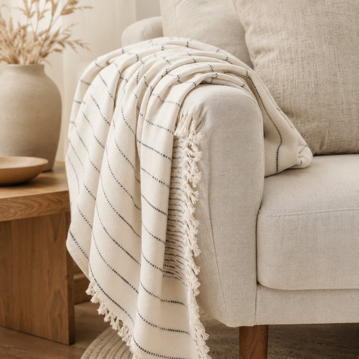 Organic Cotton Turkish Throw — Charcoal Stripe