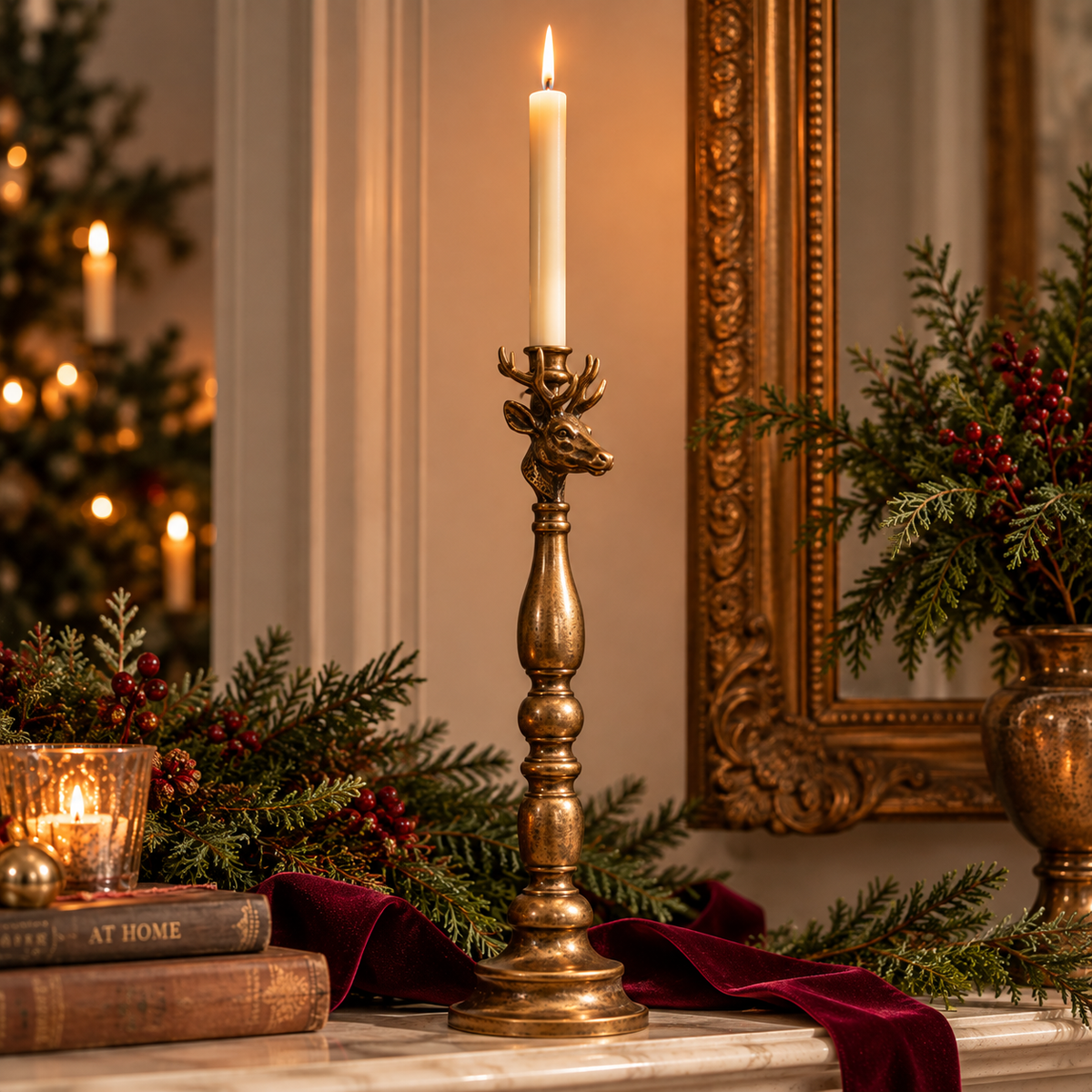 The Winter Stag | Antique Brass Taper Candle Holder