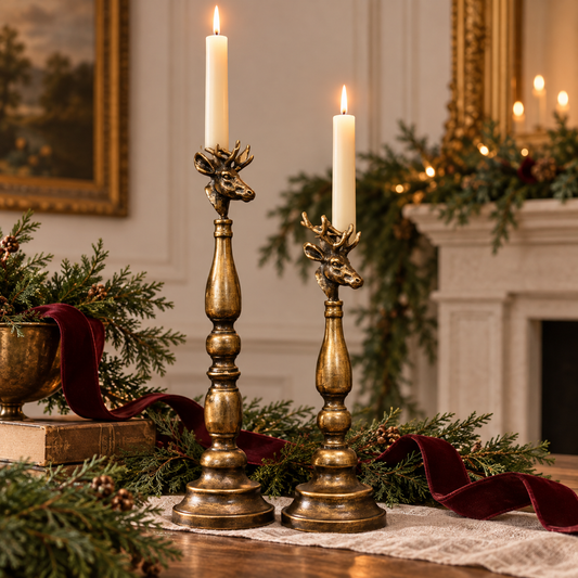 The Winter Stag | Antique Brass Taper Candle Holder