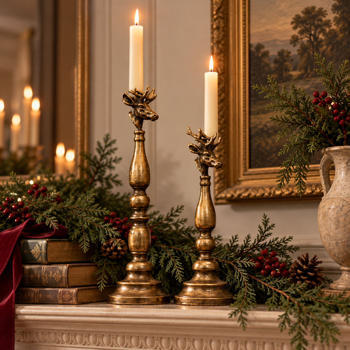 The Winter Stag | Antique Brass Taper Candle Holder