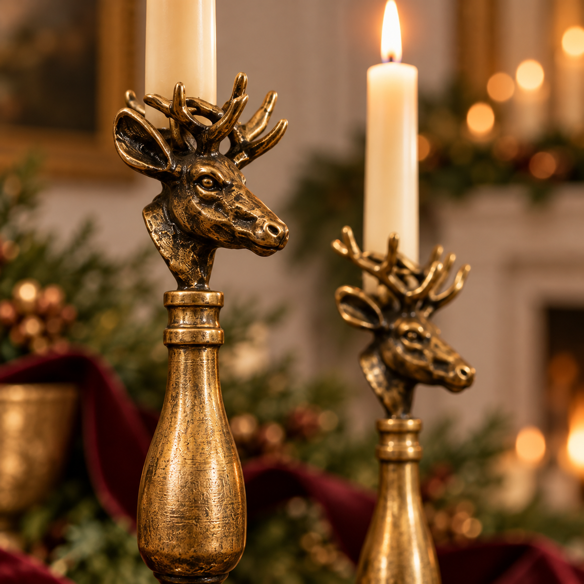 The Winter Stag | Antique Brass Taper Candle Holder