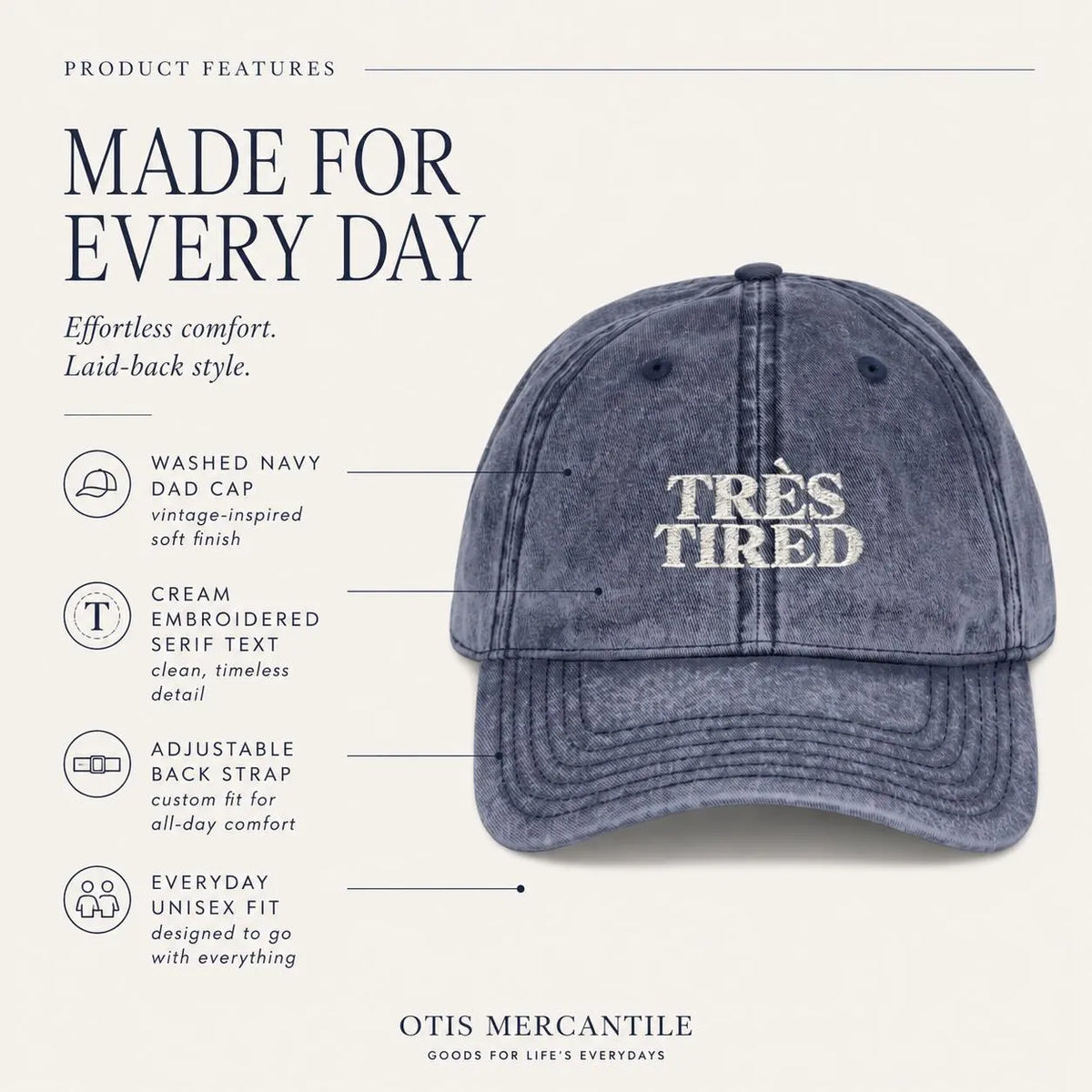 Très Tired | Embroidered Washed Navy Dad Hat